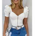 thumbnail image 2 of Lovskoo Summer Tops for Women 2024 Sweetheart Neck Short Sleeve Solid Color Puffy Sleeve Front Zipper Top White, 2 of 7