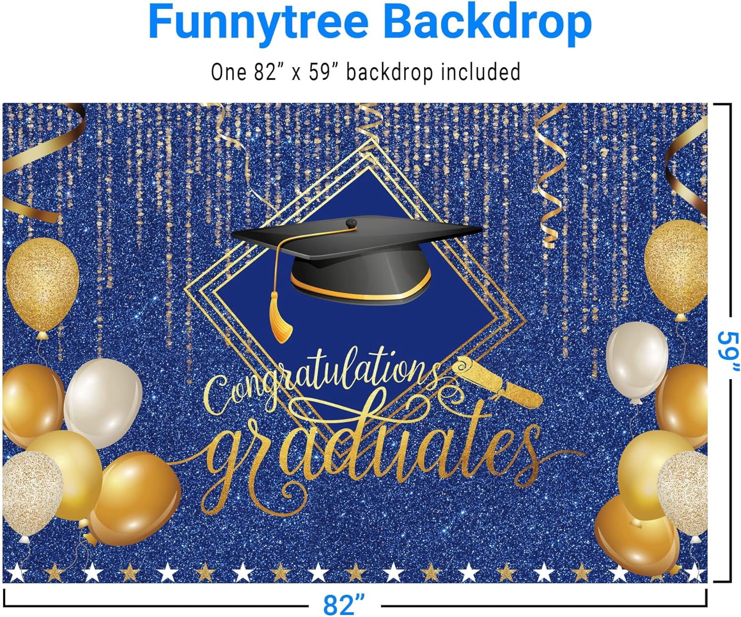 60.2*78.7IN 2025 Class Graduation Backdrop for Photography Gold and Blue Bachelor Cap Balloon Grad Congrats Party Banner Background for Picture Photo Photobooth Decoration