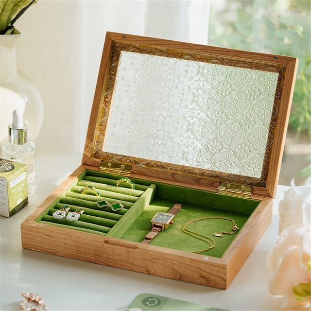 Wooden Jewelry Box for Women, Medium Size Natural Solid Cherry Wood Vintage Trinket Organizer with Large Storage, Ring Compartments, Built in Necklace Hooks, Glass Lid,