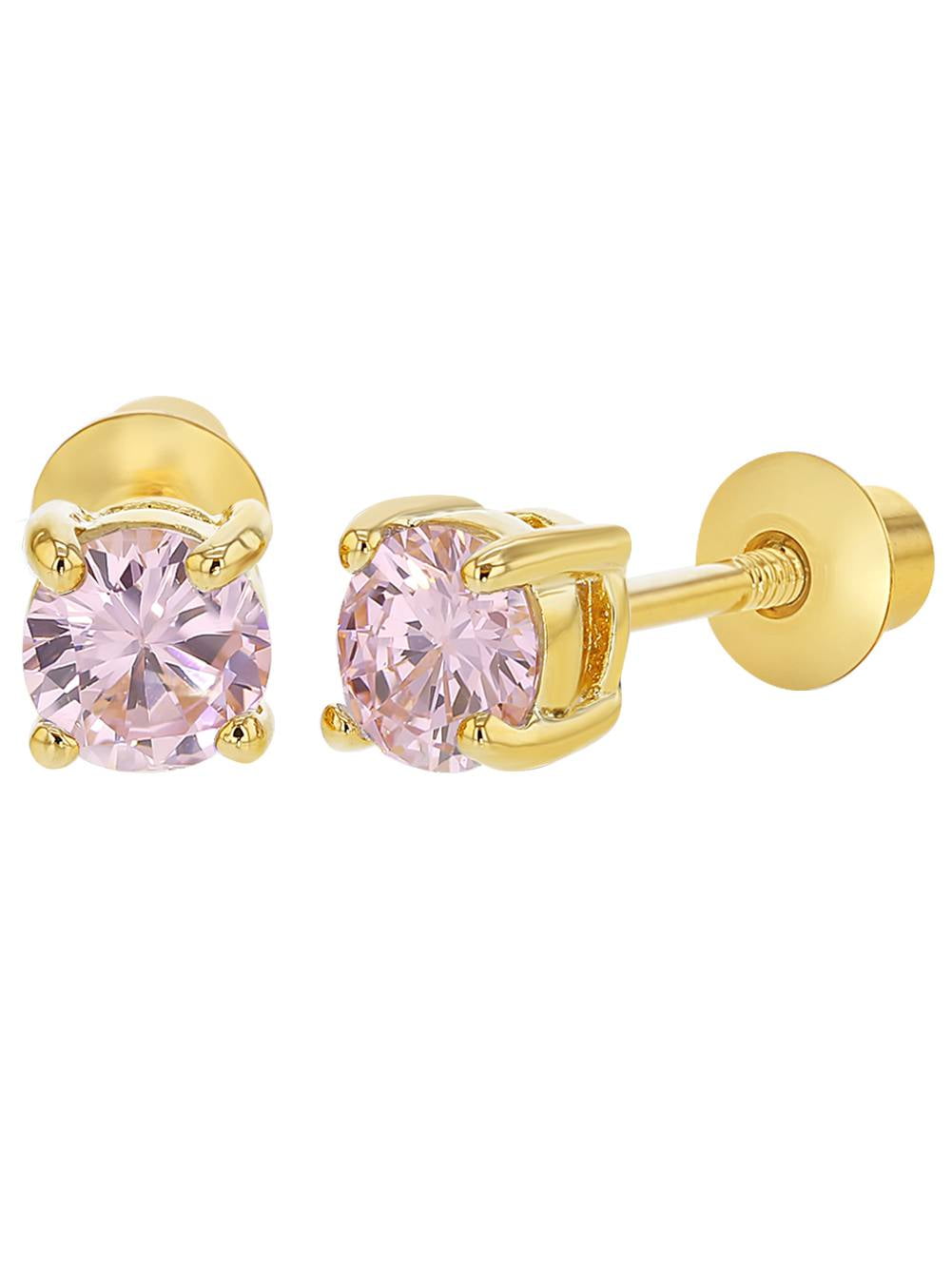 Gold Plated Pink Cubic Zirconia Screw Back Earrings for Babies & Toddlers 3mm