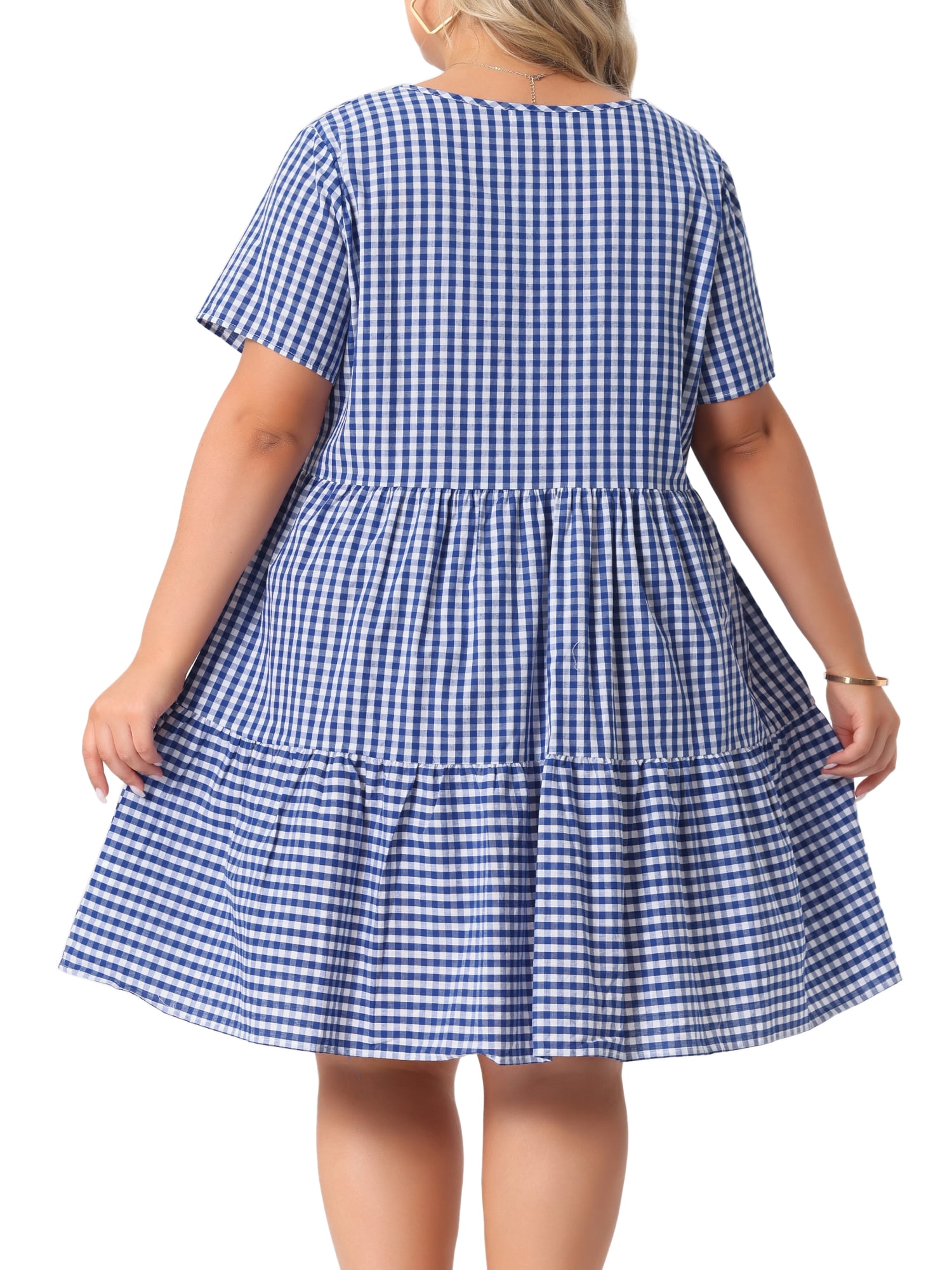 DARING DIVA Women's Plus Size Plaid Round Neck Short Sleeve Midi Dress 1X Dark Blue