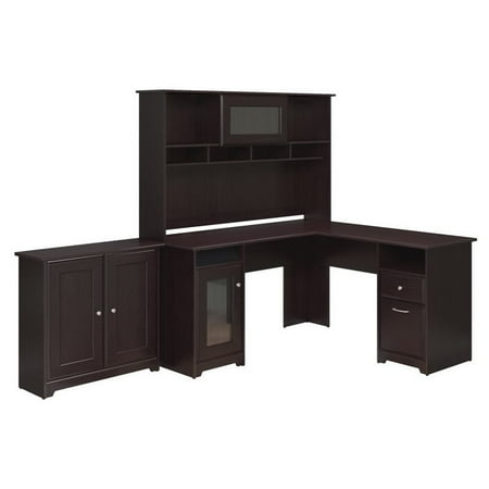 - Cabot L Shaped Desk with Hutch and Low Storage Cabinet in Espresso Oak
