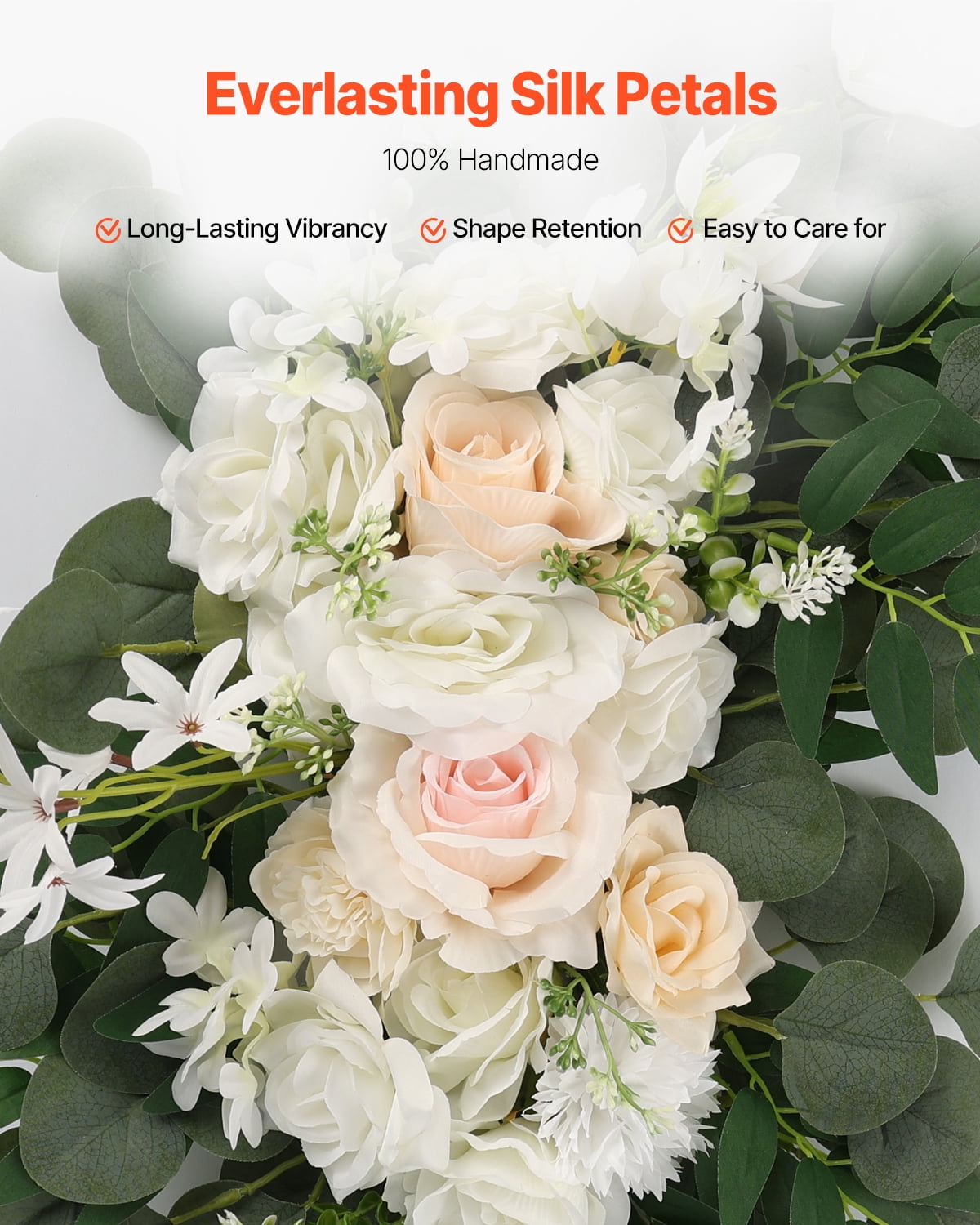 VEVOR Artificial Wedding Arch Flowers Kit, White Wedding Arch Flowers with Drapes Kit (Pack of 4) - 2 Pcs Floral Arrangement, 2 Pcs Sheer Drapes, for Ceremony Bouquets Reception Backdrop Decoration