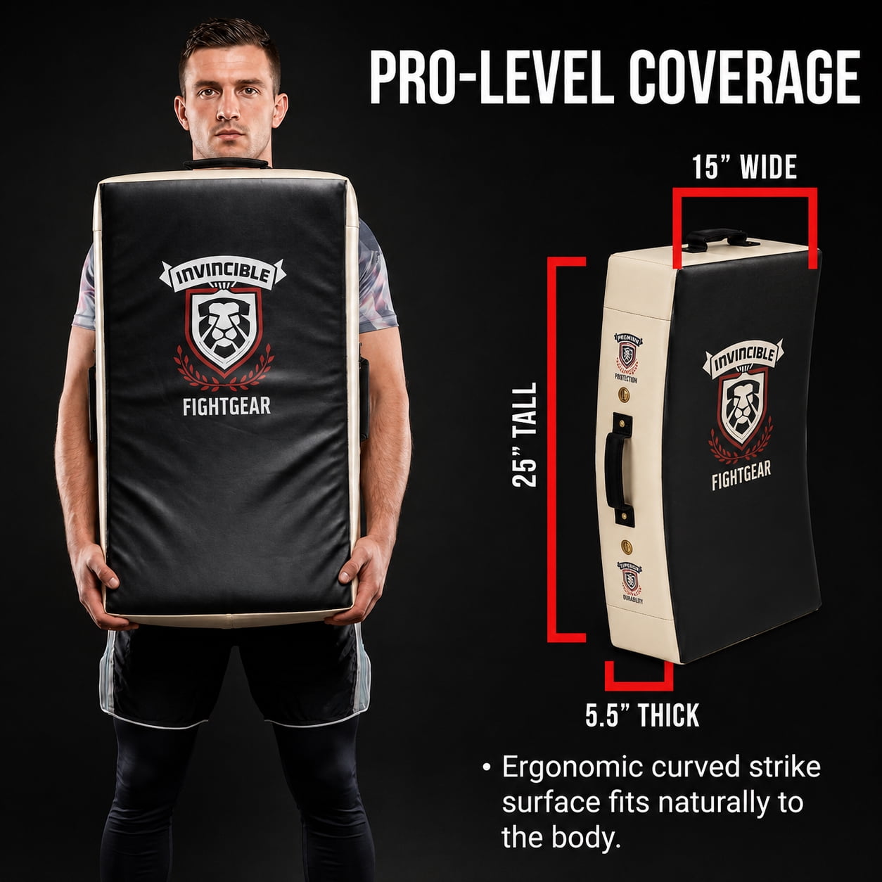 Invincible Fight Gear Gel Punch & Kick Shield, Curved Training Pad, 25” x 15” x 5.5”, Multi-Handle Grip, Gel Enforced Lining, Heavy-Duty Canvas Vinyl, Muay Thai, MMA, Kickboxing, Karate