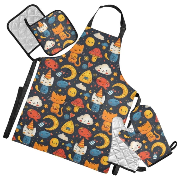 Cute Cat Cloud 5 Pcs Kitchen Set Heat Resistant Oven Mitts and Non-Slip Pot Holders with Adjustable Cooking Apron