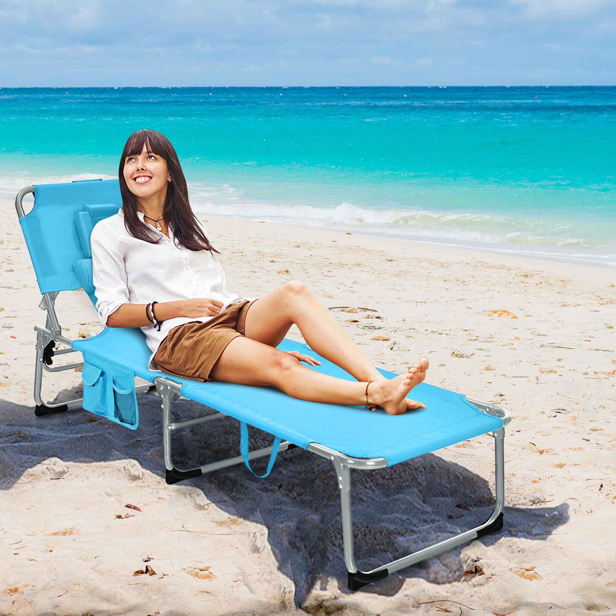 Gymax Portable Beach Chaise Lounge Chair Folding Reclining Chair w/ Facing Hole Turquoise - image 4 of 10