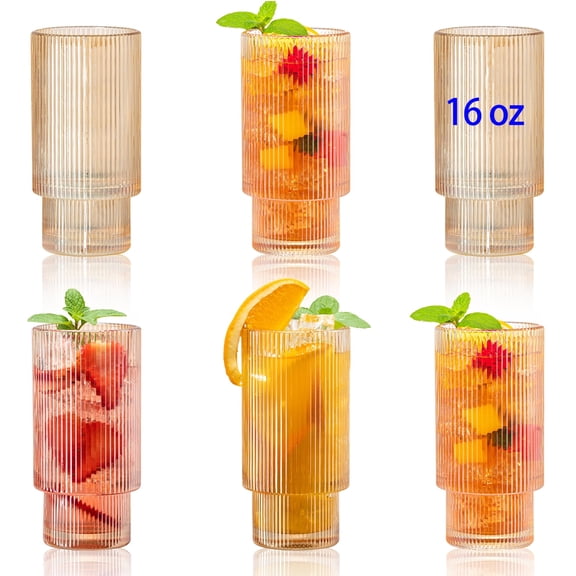 6 Pack Large 16Oz Ribbed Drinking Glasses Vintage Amber Set - Elegant ribbed glass cups, vintage drinking glasses for water, juice, cocktails, whiskey, iced coffee, smoothies – gift for home