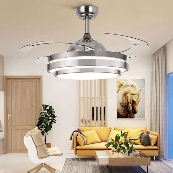 42 Inch Fan Ceiling Light,Invisible Ceiling Fan with Light and Remote Control,LED Three-Color Lights Retractable Blades Chandelier Fan with Light,Silver