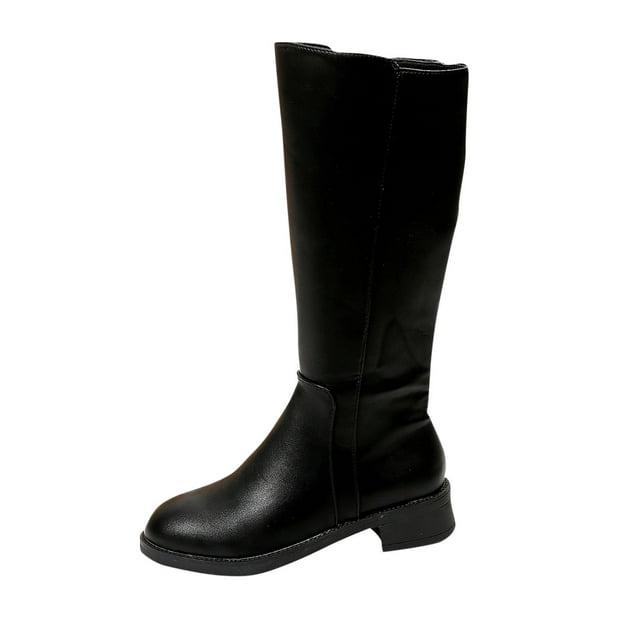 Xfvqtps Bottes Hautes pour Femmes Fermeture Éclair Arrière Bout Rond Talon Bas Mode Cuir Décontracté Bottes de Travail Noir