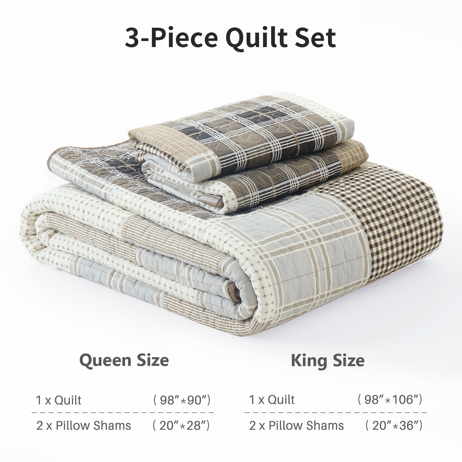 DDUOXIN Queen Size Quilt Set - 100% Cotton Beige/Brown Patchwork Plaid Farmhouse Quilt for Queen Bed, Lightweight Winter Quilt Reversible Thin Comforter Set with 2 Pillow Shams, 3-Piece 98"x90"