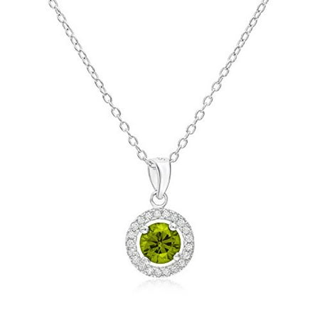Sterling Silver Simulated Peridot August CZ Birthstone Halo Pendant (16 Inches)