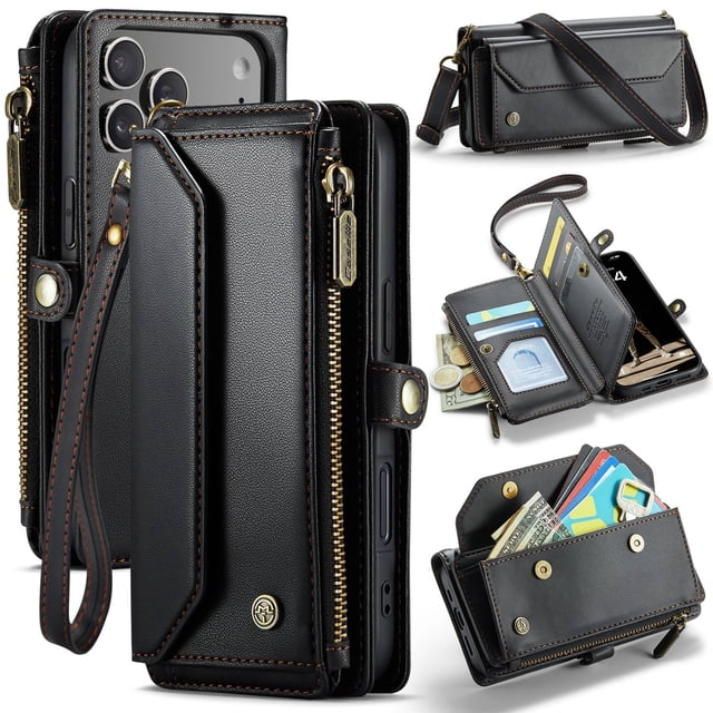 Bandolera para iPhone 17 Pro Funda Billetera【Bloqueo RFID】con Ranura para Billetes con Cremallera y 7 Tarjeteros, Correa Magnética de Cuero PU Suave para Hombro y Muñeca