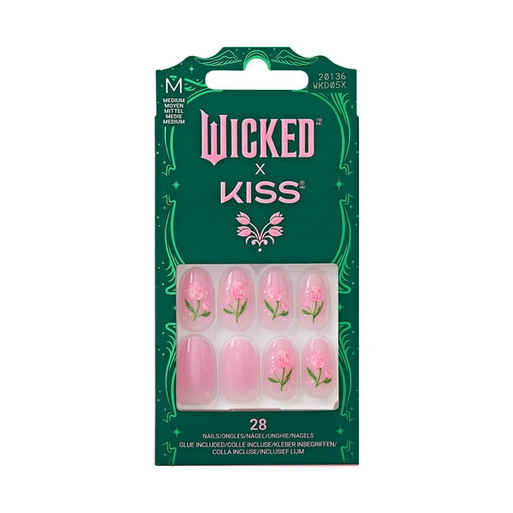 WICKED x KISS Press on Nails, Bloom in Land, Pink, Medium Oval, 28 Count