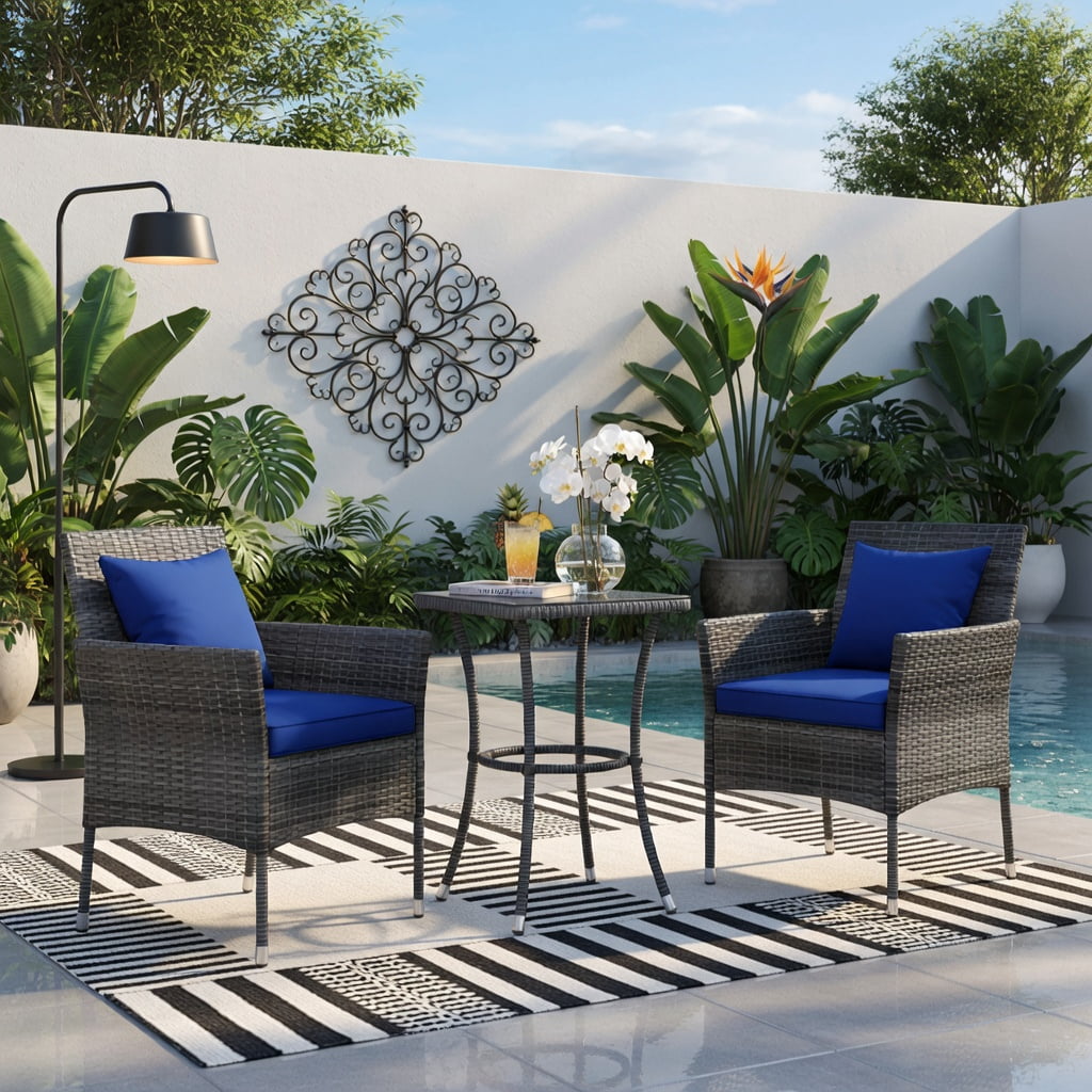 Hommoo 3-Piece Outdoor Patio Furniture Set, PE Rattan Chairs with Removable Cushions & Tempered Glass Coffee Table for Porch, Backyard, Garden, Navy