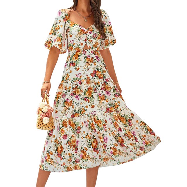 Vestido Midi De Playa Vestido midi de playa para mujer Vestido de verano a la moda con mangas abullonadas y estampado floral (Naranja S) Ygjytge para Mujer Naranja T 3EG
