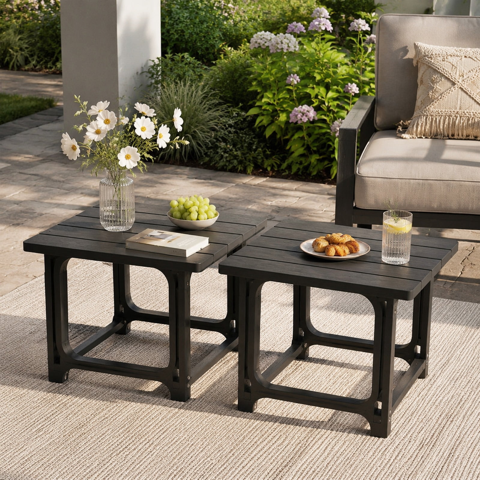 Furnibear Set of 2 Outdoor Adirondack Side Table with Slatted Surface and All Weather HDPE Build for Patio Poolside Deck and Garden, Black
