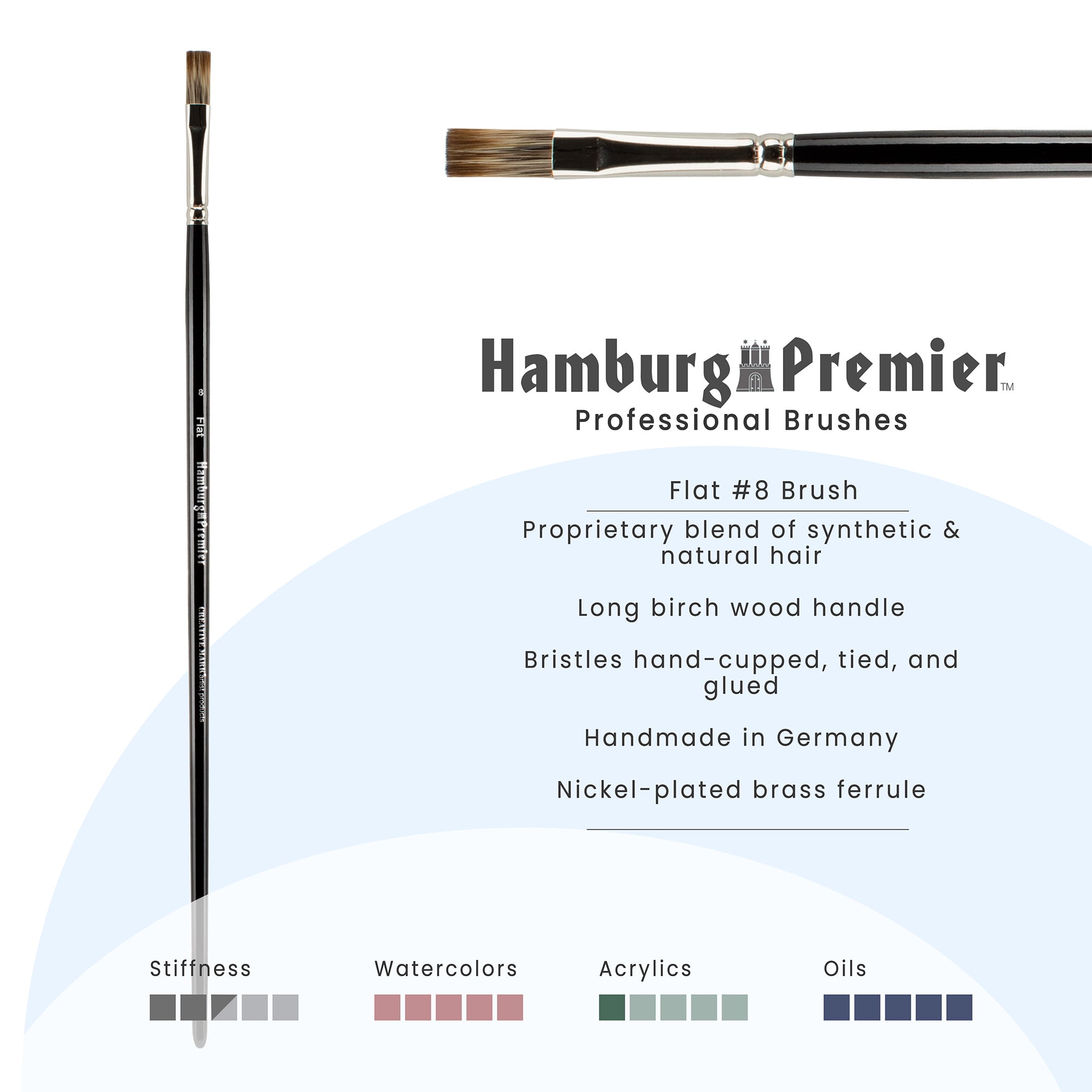 Creative Mark Hamburg Premiere Professional Oil Painting Brushes - Flat #8 Oil Paint Brush - Handmade in Germany, Natural & Synthetic Hair Blend, Long Triple-Lacquered Birch Handle