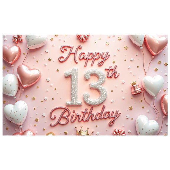 Glitter Design Happy Birthday Banner Heart Balloons Party Decoration for Teen Birthday Indoor Event Celebration