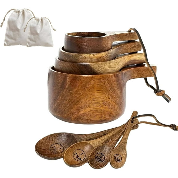 New Wood Measuring Cups with Rope and Bags, 8Pcs Wooden Measuring Cups and Spoons Set for Dry Ingredients, Handcrafted Acacia/Beech Wood Measuring Cup for Baking & Cooking (Acacia - Dark Brown)