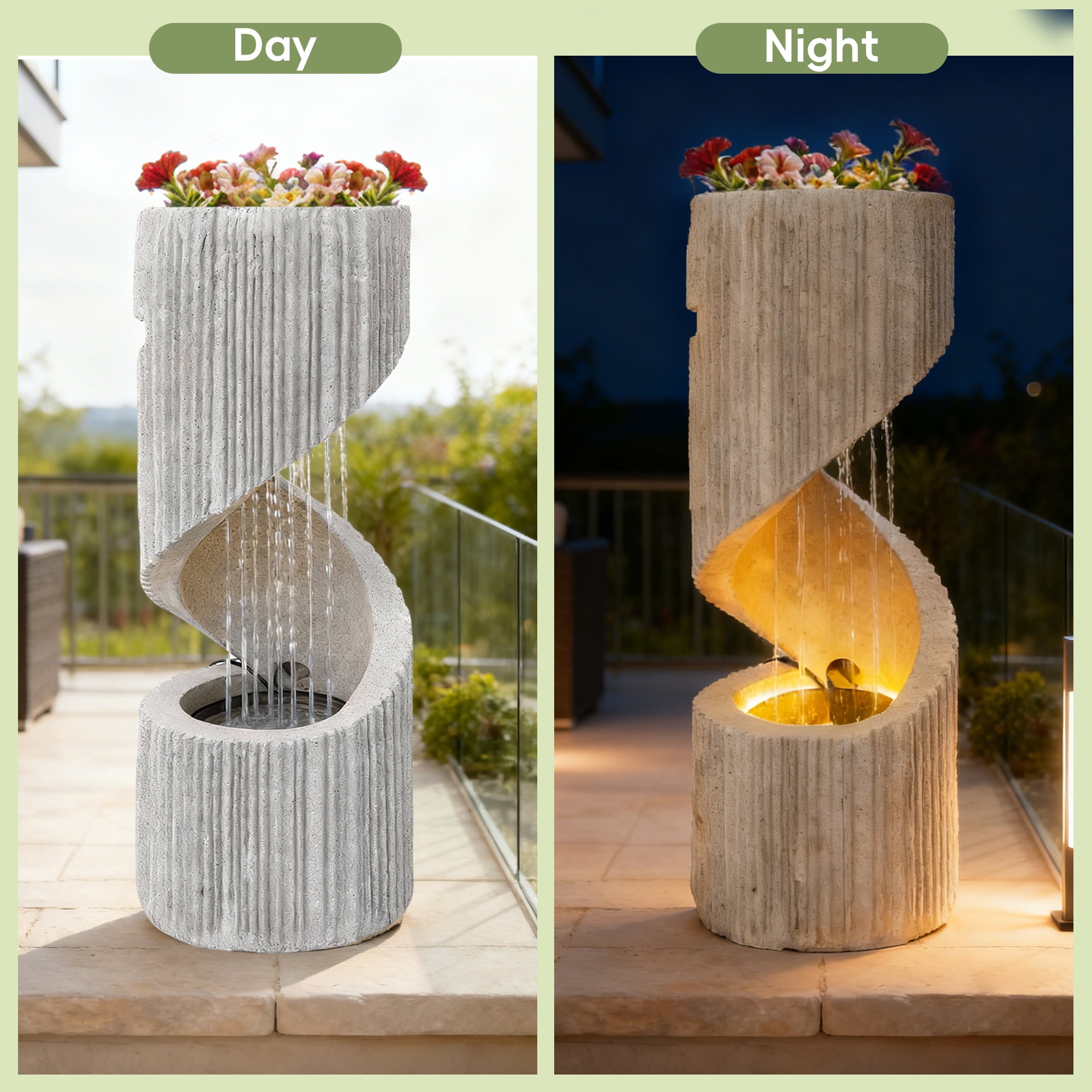 30" S-Shaped Outdoor Water Fountain, Freestanding Spiral Garden Fountain with LED Lights & Pump, Indoor/Outdoor Resin Waterfall Feature for Patio, Yard, Balcony or Home Decor