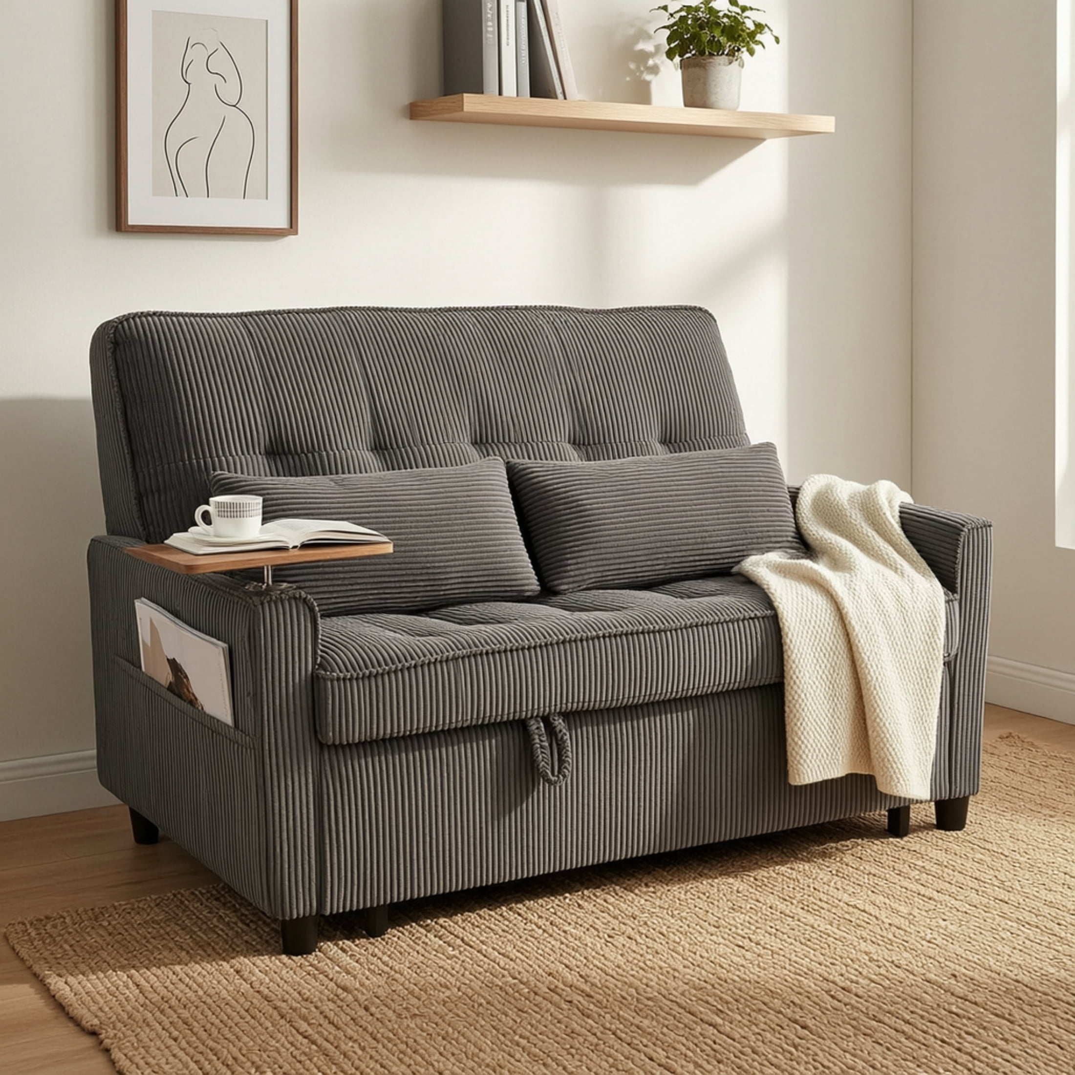 Vinform 54" Convertible Sleeper Sofa Bed, 3 in 1 Pull Out Loveseat with Arm Table and USB Port for Small Spaces, Corduroy, Dark Gray