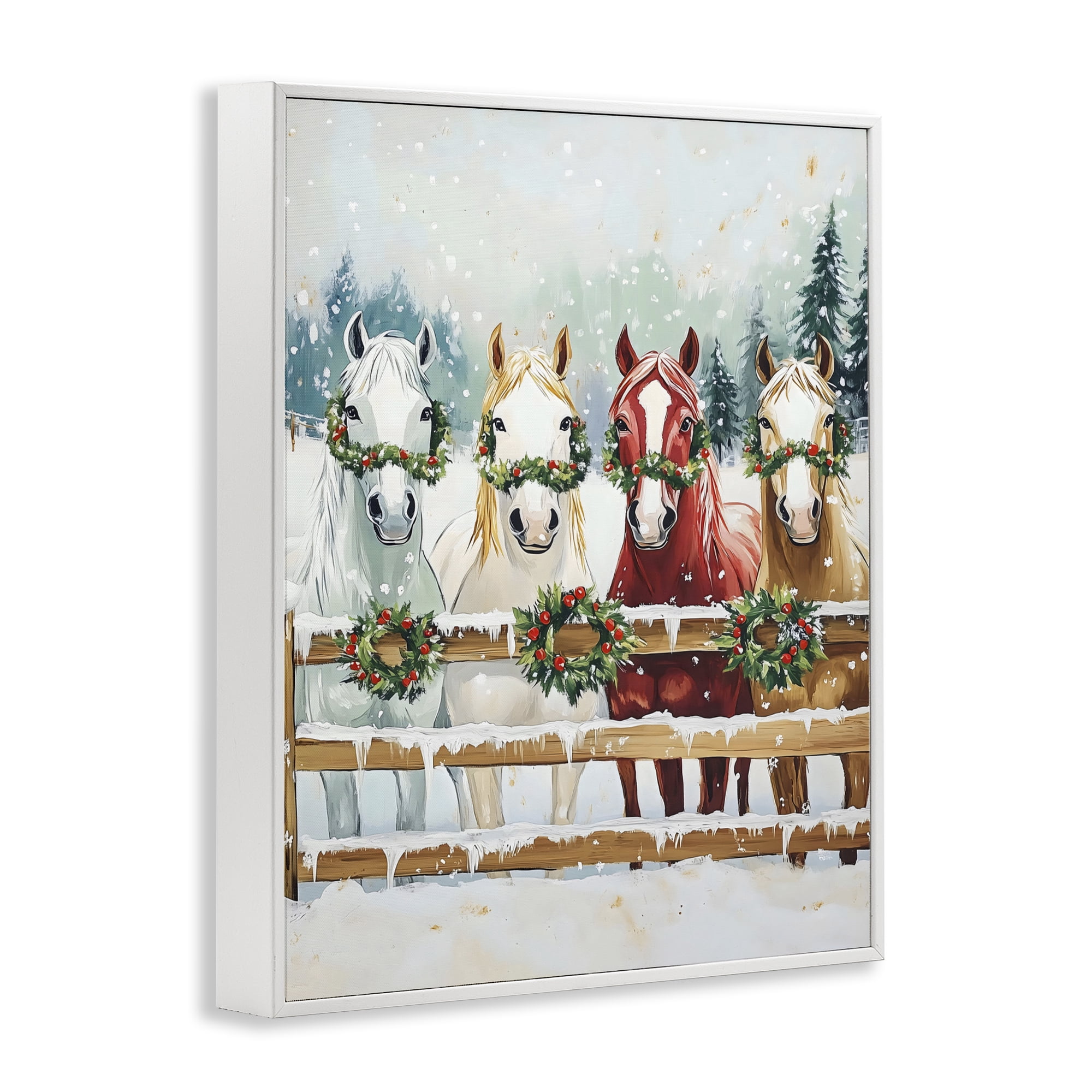 Stupell Industries Christmas Horses with Holly Wreaths White Framed Giclee Art, design by The Prints Vibe