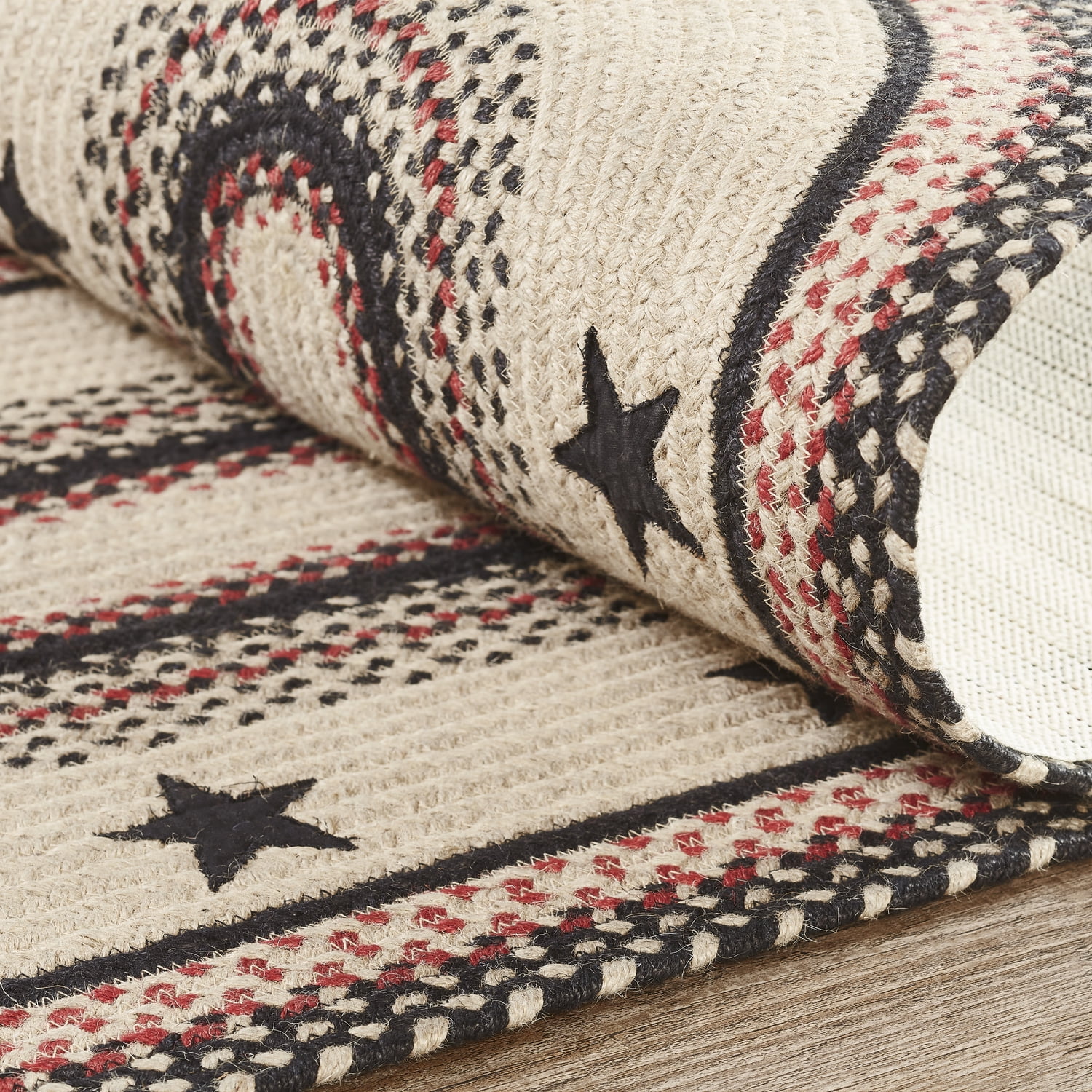 VHC Brands Colonial Star, Braided Jute Runner Rug, Non-Skid Pad, Rectangle, Tan Red Black, 24x96