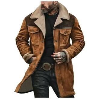Mens Western Cowboy Jacket Distressed Suede Long Trench