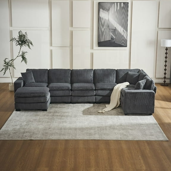 6-seat U Shaped Corduroy Sectional Sofa with One Ottoman & 3 Pillows
