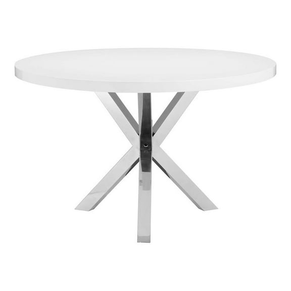Pemberly Row Gloss Lacquer & High Polished Steel Metal Dining Table in White