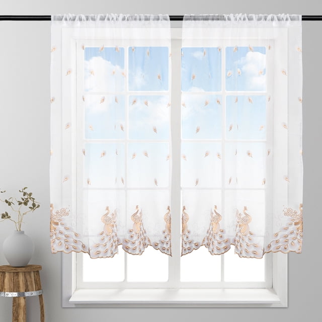 Short Window Sheer Curtains Valance Living Room Feather Embroidered Voile Rod Pocket Curtain Drapes for Dining Room