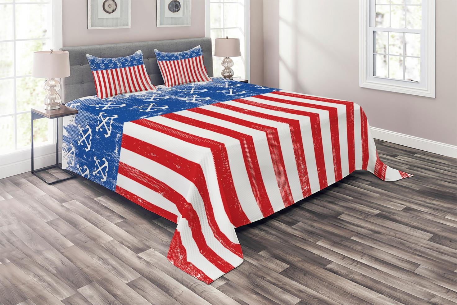 Americana Coverlet Set King Size, Patriotic Old Glory Design with