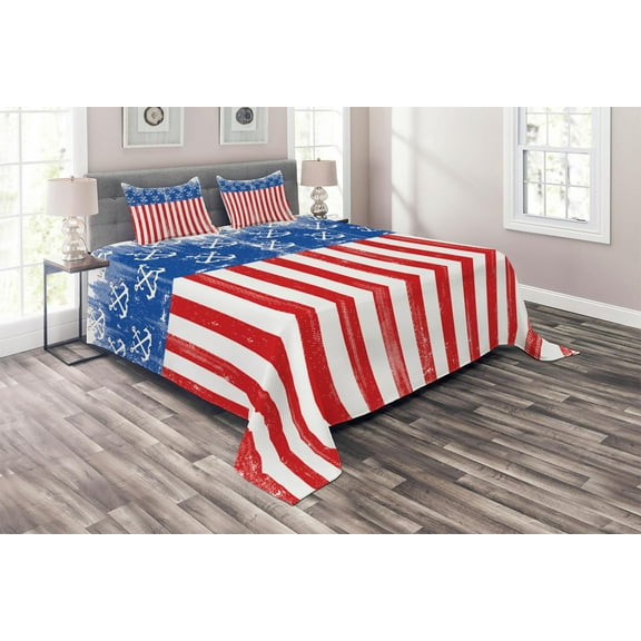 Ambesonne USA Quilted Coverlet 3 Pcs, Patriotic Grunge Flag Marine, Queen Size, Vermilion Cobalt Blue