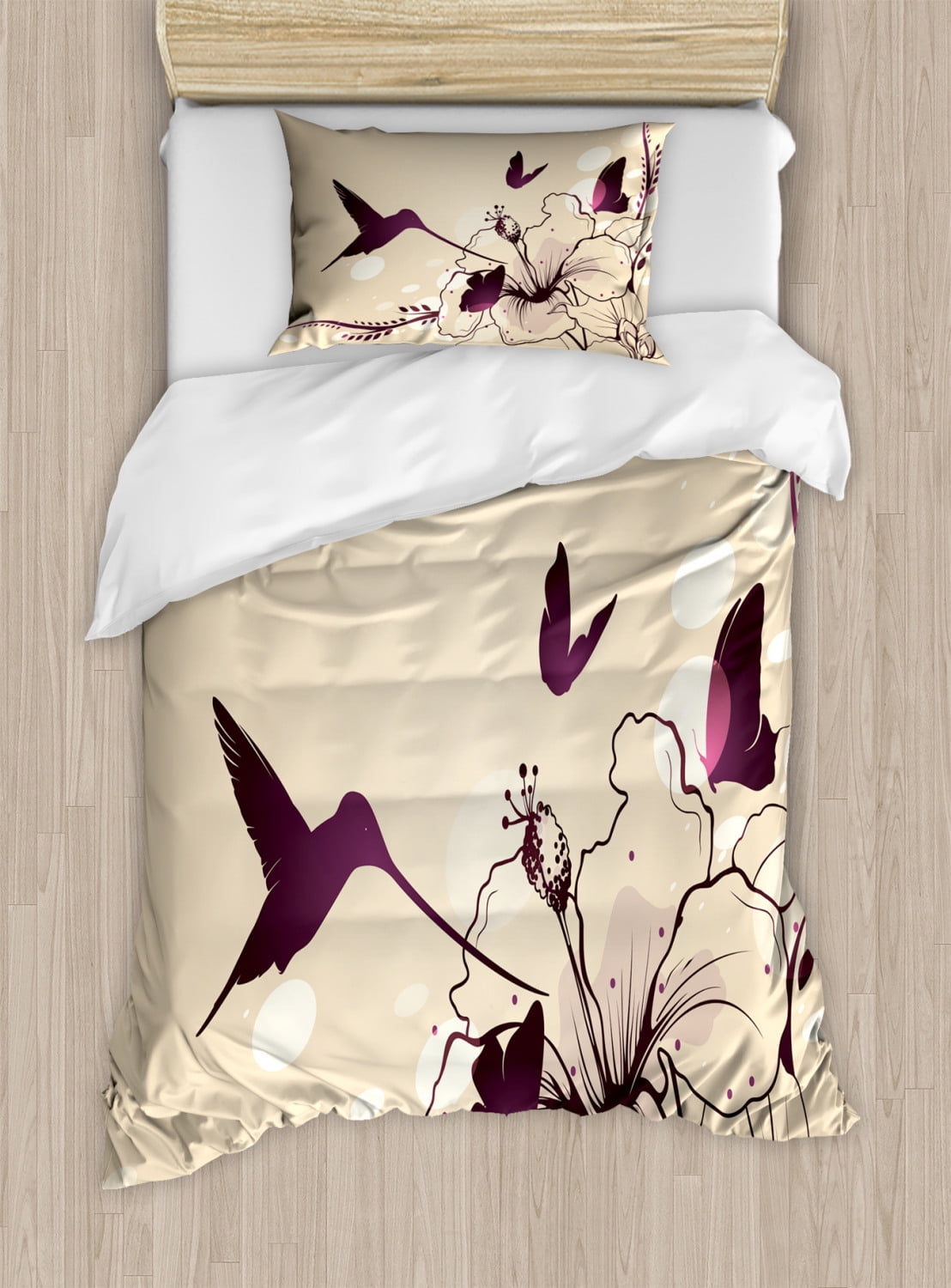 Birds Duvet Cover Set Flapping Tiny Hummingbird Interacting With