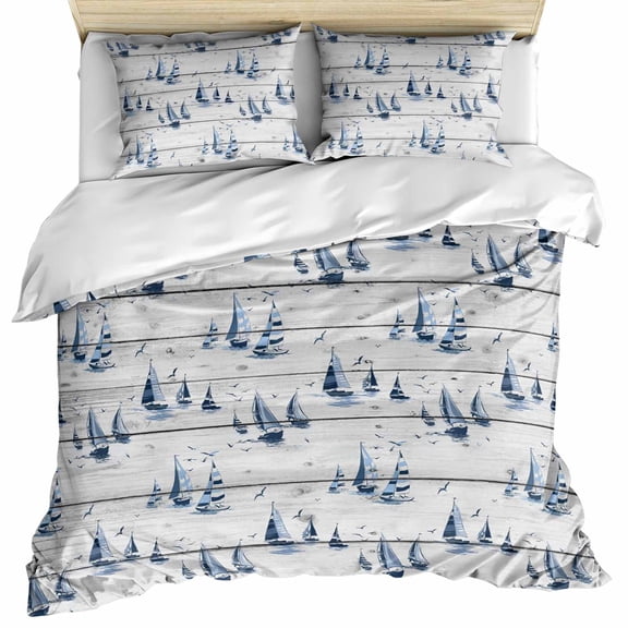 Blue Coastal Nautical Bedding 3 Piece Duvet Cover Set Twin Size, Summer Ocean Sea Vintage Wooden Grain Microfiber Comforter Cover with Zipper Closure & Pillowcases, FadeResistant Quilt Cover