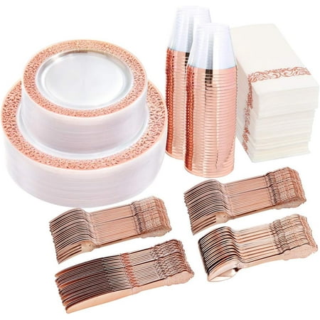 50 Guests Clear Rose Gold Plastic Plates - Disposable Dinnerware Set Includes: 100 Clear Rose Gold Plastic Plates, 150 Silverware, 50 Napkins, 50 Cups Perfect for Party & Wedding