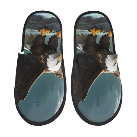 Balery Forest River Bald Eagle Slient Indoor Furry Fleece Comfort House Shoes Soft Non-Slip Home Shoes Cotton slippers House Slippers-- Medium