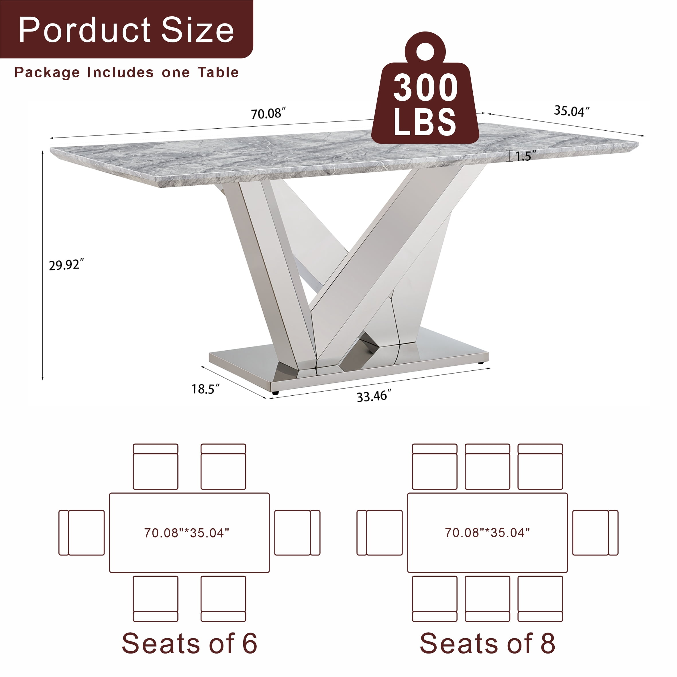 Shikeyi 70" Marble Dining Table for 6-8, Modern Luxury Silver Rectangular Large Kitchen Table, Marble Grain MDF Tabletop & Stainless Steel Base for Kitchen Dining Room, Grey (Table Only)
