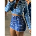 thumbnail image 3 of Women's Mid Waisted Plaid Denim Mini Skirt Frayed Hem Bodycon Jean Skirt upper body only requires a simple combination, 3 of 6