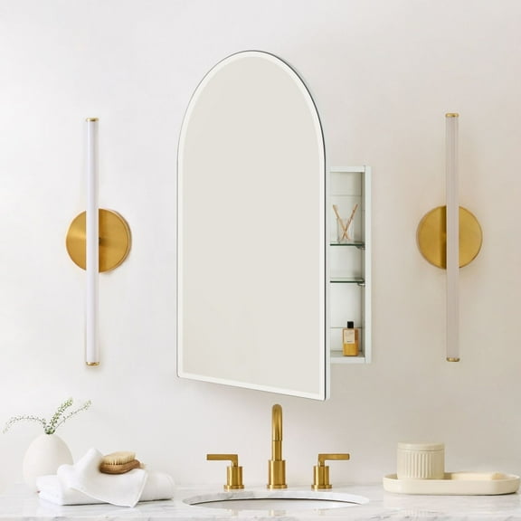 TEHOME White Frameless Arch Recess & Surface Mount Cabinet with Mirror for Bathroom, 30'' H x 20'' W