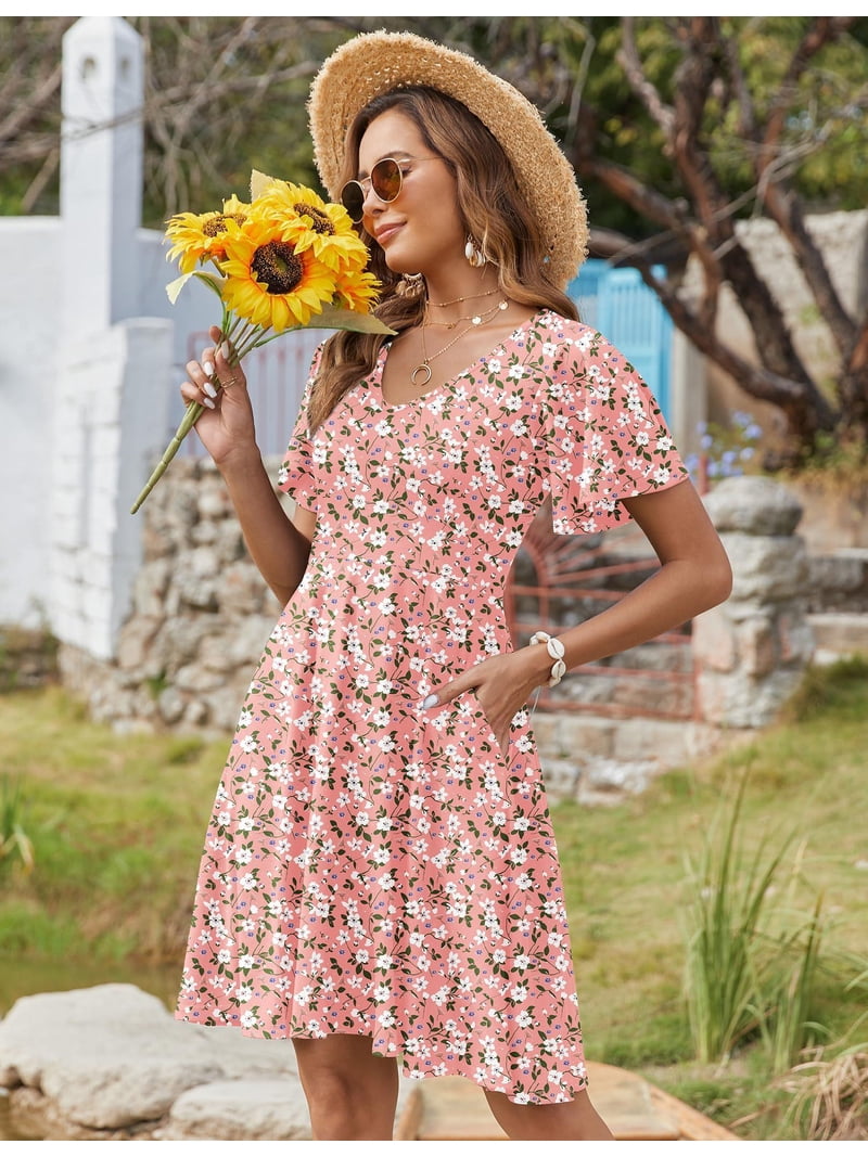 summer lawn dress design Zeagoo Women Sundress Summer 2025 Casual V Neck Mini Swing Dresses Loose  Floral Print Swing Ruffle Short Sleeve Dress for Beach 2025 Tshirt Dress  Vacation Beach Party
