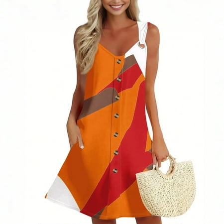GXIPO Summer Dresses for Women 2025 Beach Dresses Vacation Mini Dresses Sleeveless Boho Swimsuit Coverup O-Ring Shoulder Button Tank Dress Plus Size Sun Dresses Pockets Saffron 3XL
