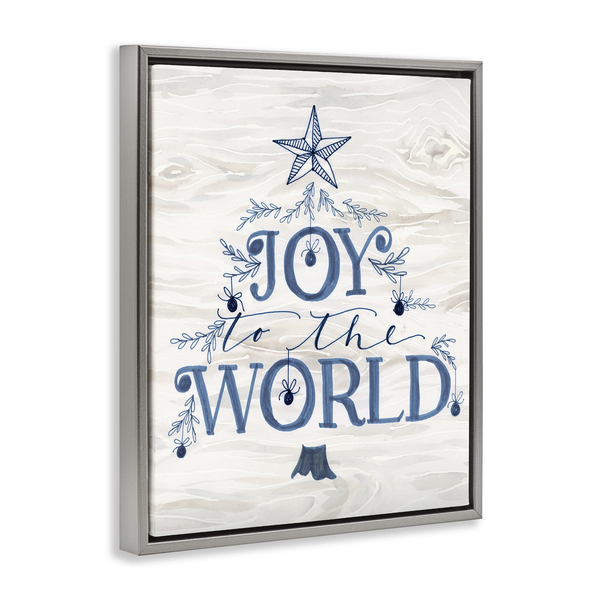 Stupell Industries Joy To World Tree Holiday Painting Gray Floater Framed Canvas Art Prints Wall Art, 25 x 31