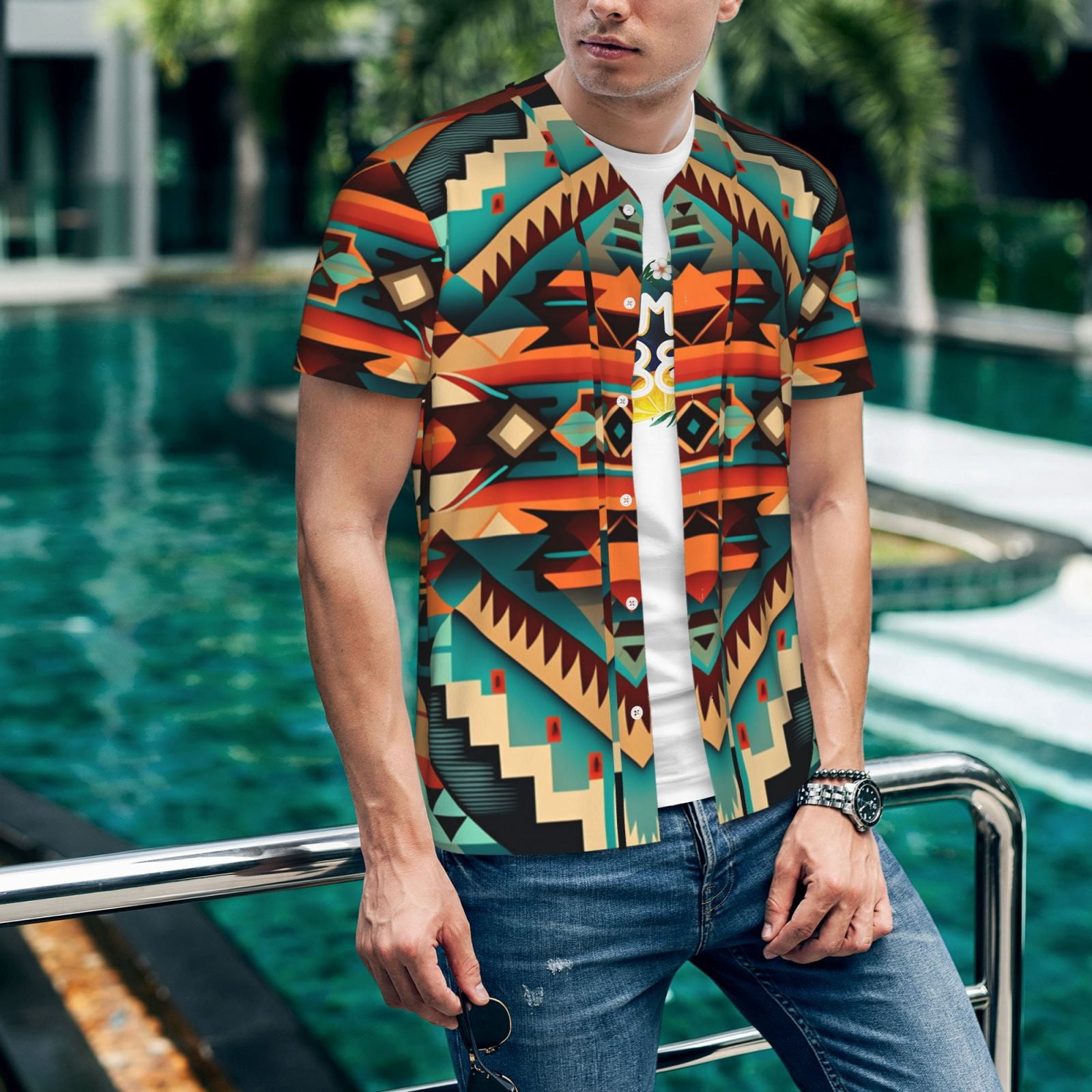 Men's Baseball T-Shirt Button Down Short Sleeve Tee Athletic Team Uniform, Ethnic Geometric Navajo Native American Tribal Abstract