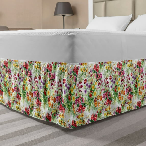 Garden Art Bed Skirt, Watercolor Peonies and Wildflowers Botanical Illustration Vintage Inspirations, Elastic Bedskirt Dust Ruffle Wrap Around for Bedding Decor, 4 Sizes, Multicolor, by Ambesonne