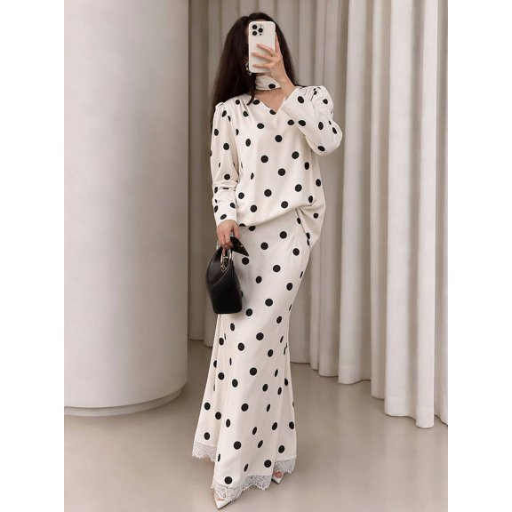 Women's 2-Piece Polka Dot V-Neck Long Sleeve Top and Maxi Skirt Set, Belted Elegant Casual Matching Outfit, Apricot