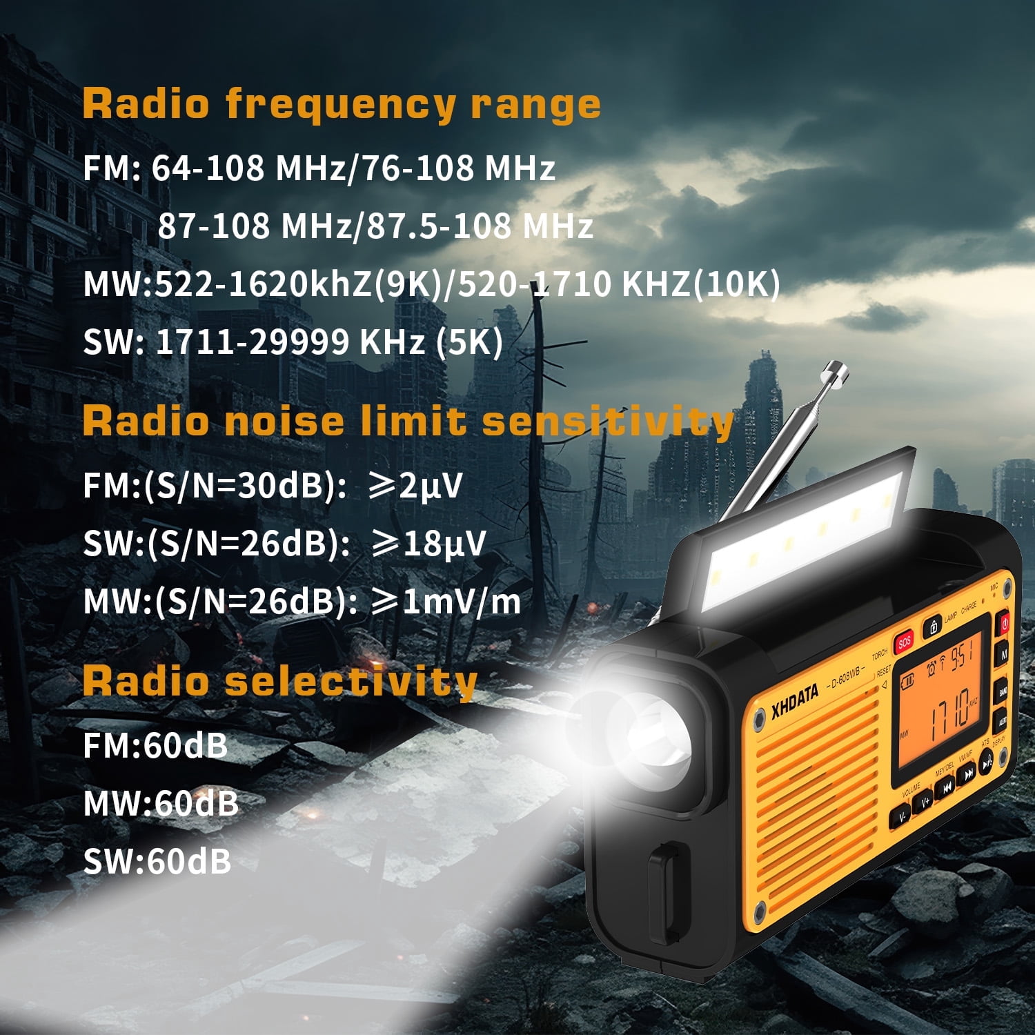 XHDATA D608WB - Emergency Weather Hand Crank Radio FM/AM/SW/NOAA Alert Portable, Bluetooth MP3, USB/Solar/Hand Crank Charging, Flashlight, Reading Lamp and SOS Alarm