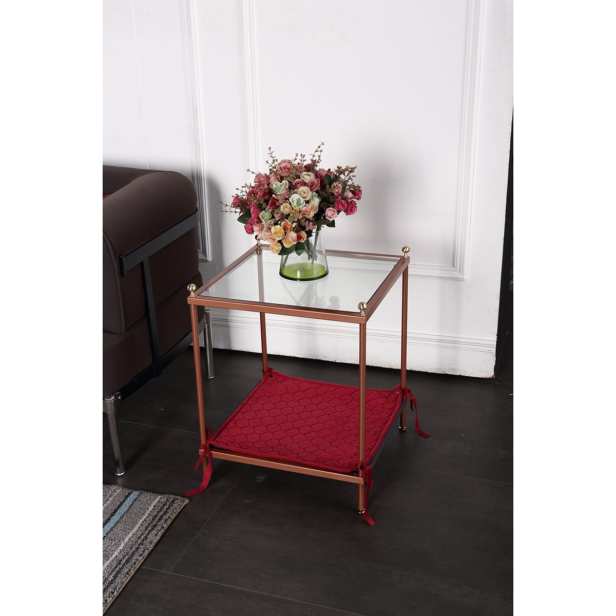 Kadyn Modern Square Coffee Table, Glass Coffee Table for Living Room, Carbon Steel 2-Tier Tea Table & Pet Sharing Table （Provide pet mat）, Rose Gold