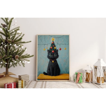 Cat Christmas Wall Art Cat Lover Gift Winter Holiday Decor Festive Print Black Nursery Print