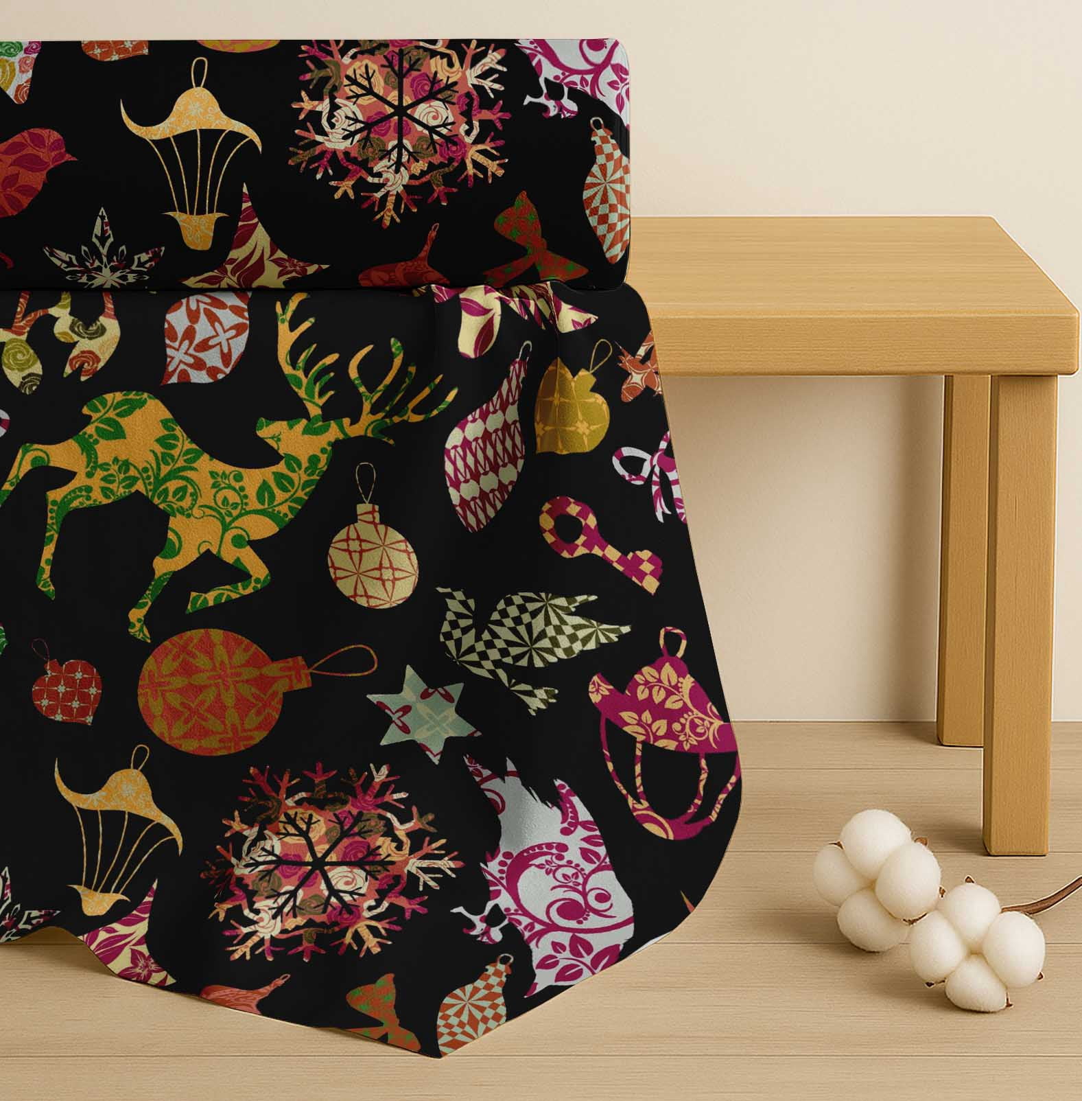 Soimoi Black Cotton Voile Fabric Reindeer,Oranaments & Tree Christmas Print Fabric by the Yard 42 Inch Wide